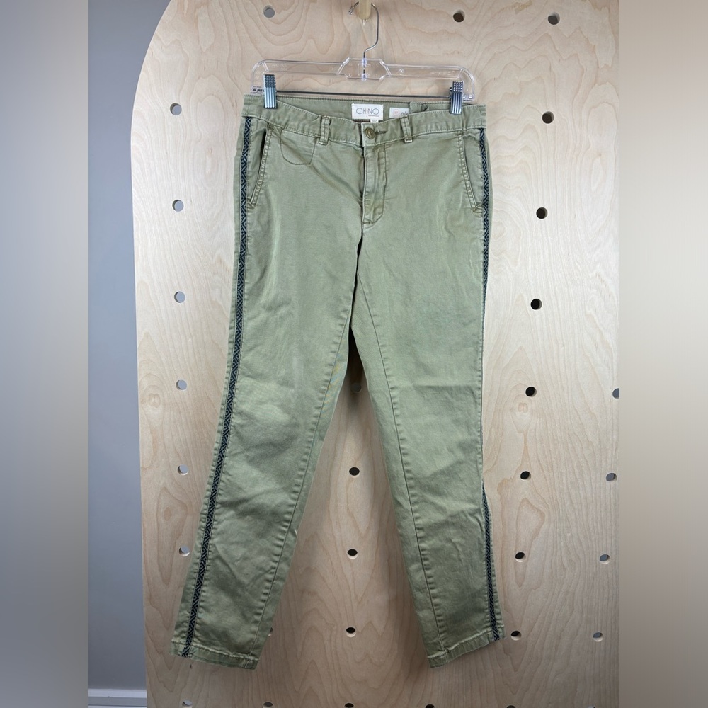 Chino by Anthropologie Relaxed Chino Pants Green Blue Aztec Embroidered Trim 27